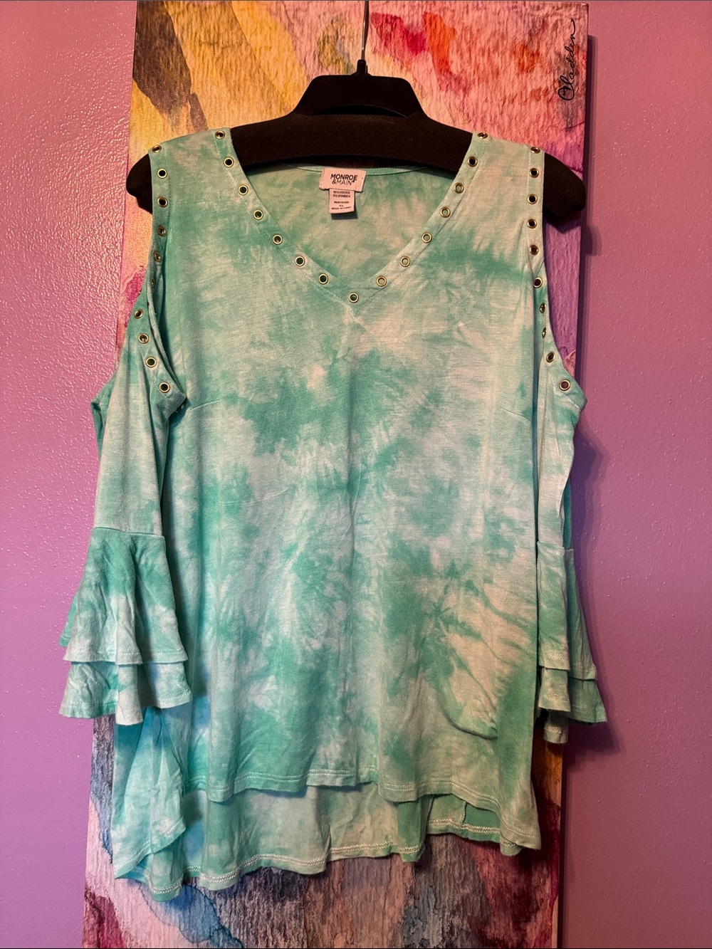 Monroe & Main Aqua Tie-Dye Cold-Shoulder Ruffle Tunic with Eyelet Trim